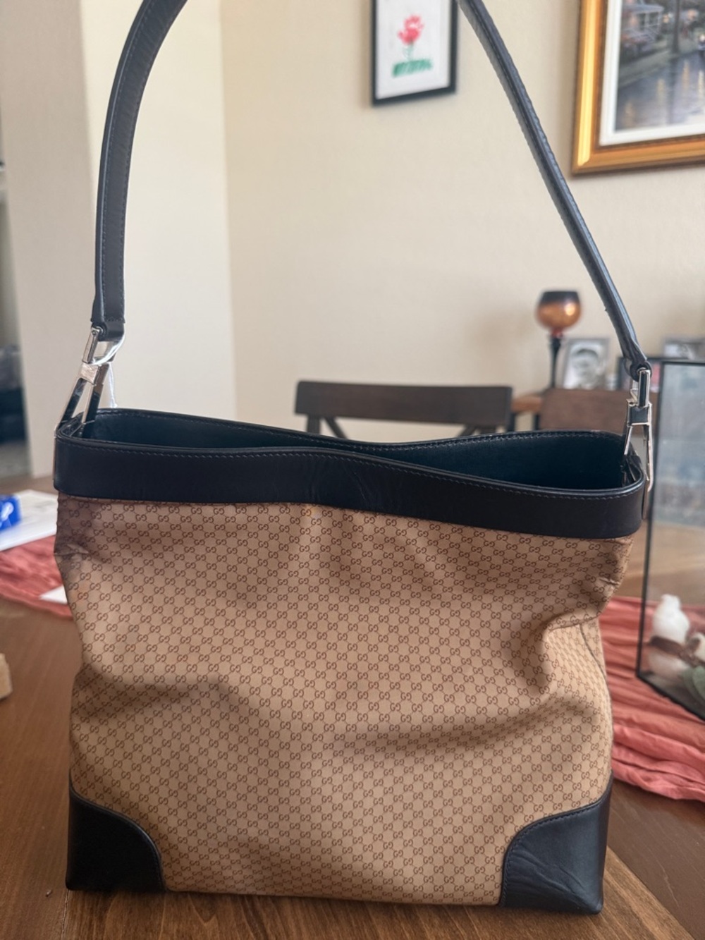 Gucci Beige Monogram Canvas Bag with Dark Brown Leather and Silver Hardware